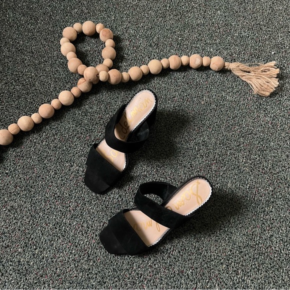 SAM EDELMAN Suede Black Two Strap Sandal Mule Slip-On Block Heeled Shoes Sz 9 - Picture 6 of 16